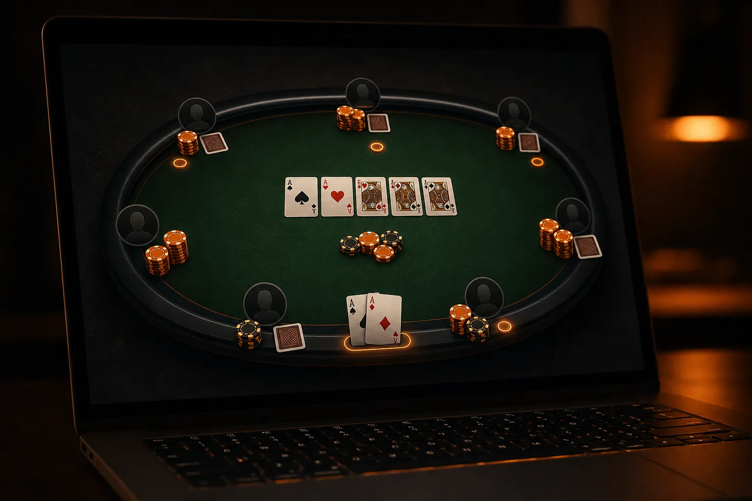 Laptop screen showing a modern online poker table with orange and amber chips on dark green felt
